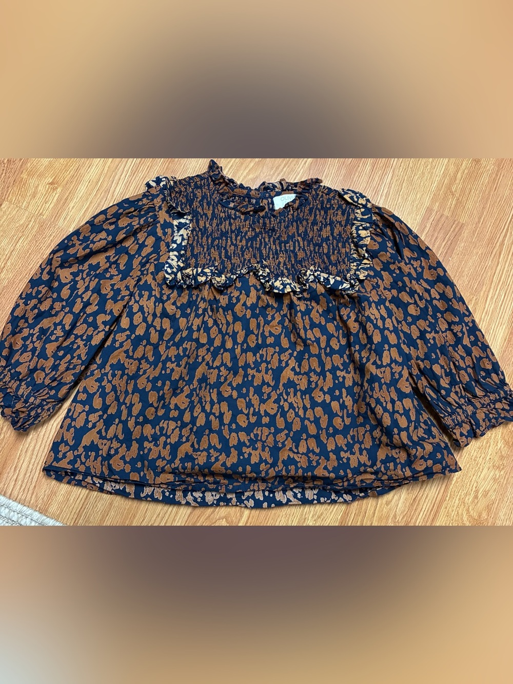 Olivia by Livro Smocked Ruffle Neck Cotton Blouse Navy Brown Animal Print XS